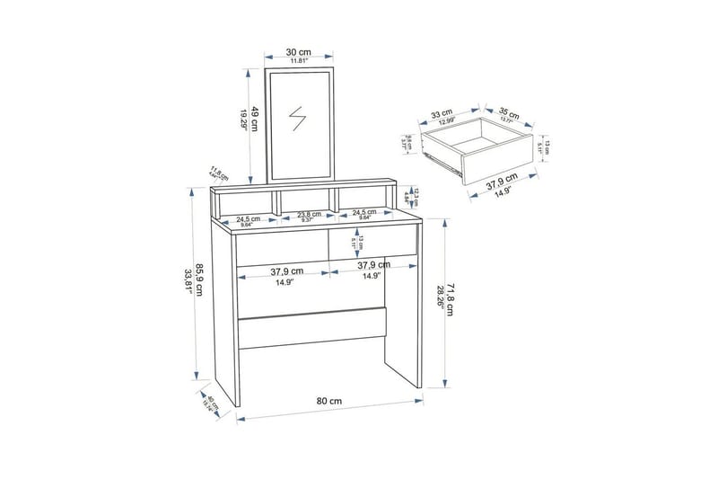 Dasina Toiletbord 80 cm - Hvid - Møbler - Borde - Sminkebord & konsolbord - Makeup bord med spejl