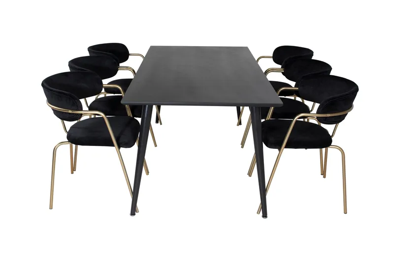 Dipp Spisebordsgruppe 180 cm Rektangulær med 6 Arrow Stole, Svart/Gull