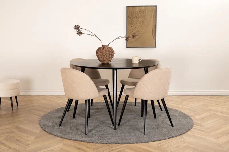 Dipp Spisebordssæt 115 cm Rund med 4 Velvet Stole, Beige