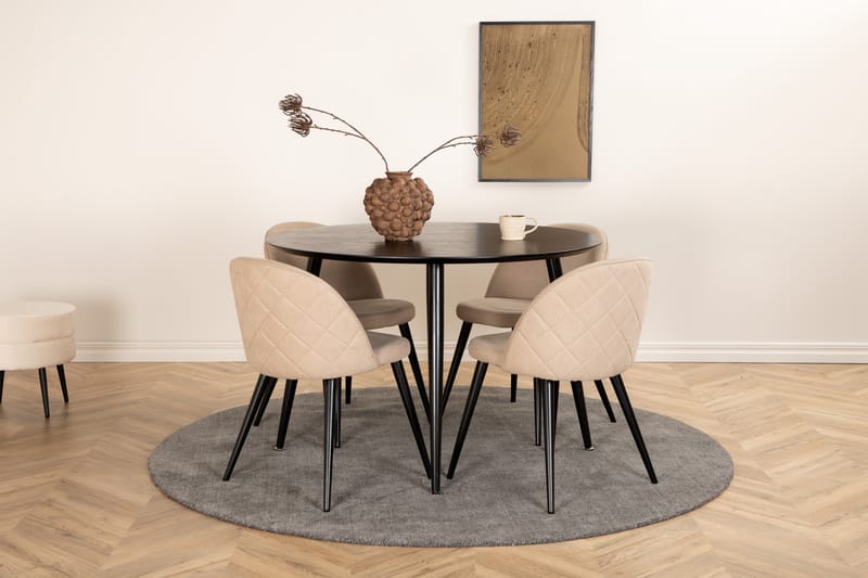 Dipp Spisebordssæt 115 cm Rund med 4 Velvet Stole - Beige - Møbler - Borde - Spisebordssæt