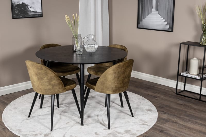 Dipp Spisebordssæt 115 cm Rund med 4 Velvet Stole - Svart - Møbler - Borde - Spisebordssæt
