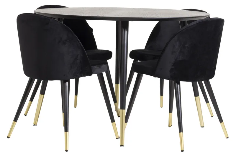 Dipp Spisebordssæt 115 cm Rund med 4 Velvet Stole, Svart/Gull