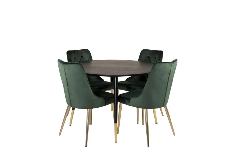 Dipp Spisebordssæt 115 cm Rund med 4 Velvet Stole, Svart/Gull
