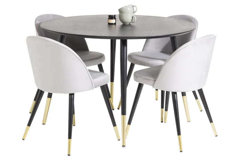 Dipp Spisebordssæt 115 cm Rund med 4 Velvet Stole, Svart/Gull