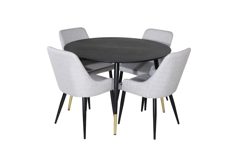 Dipp Spisebordssæt 115 cm Rund med 4 Plaza Stole, Svart/Gull