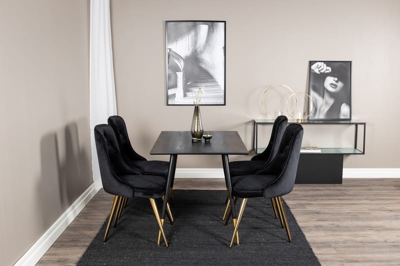 Dipp Spisebordssæt 120 cm Rund med 4 Velvet Stole - Svart/Gull - Møbler - Borde - Spisebordssæt