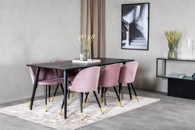 Dipp Spisebordssæt 180 cm Rektangulær med 6 Velvet Stole - Svart - Møbler - Borde - Spisebordssæt