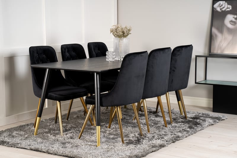 Dipp Spisebordssæt 180 cm Rektangulær med 6 Velvet Stole - Svart/Gull - Møbler - Borde - Spisebordssæt