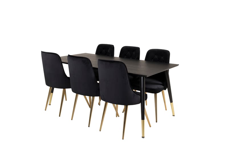 Dipp Spisebordssæt 180 cm Rektangulær med 6 Velvet Stole - Svart/Gull - Møbler - Borde - Spisebordssæt