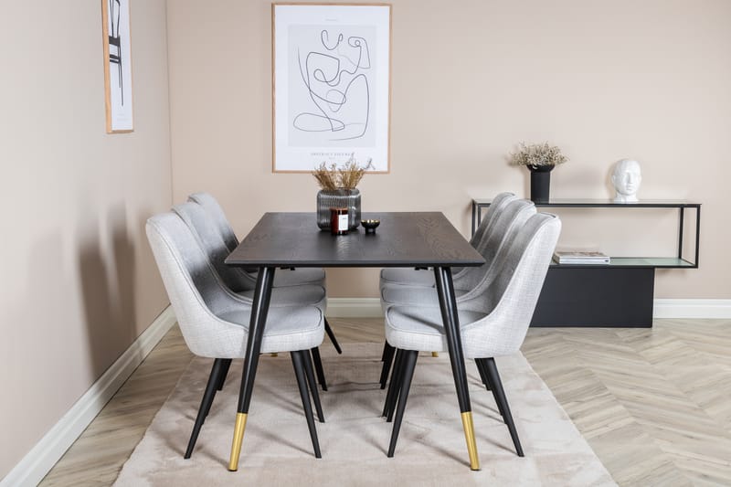 Dipp Spisebordssæt 180 cm Rektangulær med 6 Velvet Stole - Svart/Gull - Møbler - Borde - Spisebordssæt