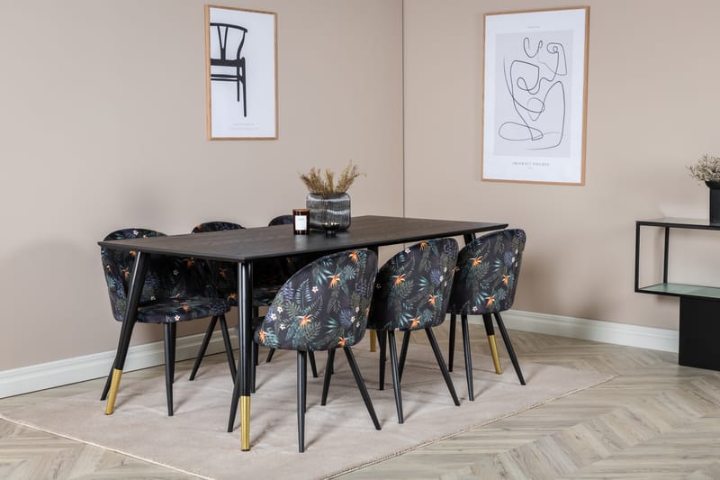 Dipp Spisebordssæt 180 cm Rektangulær med 6 Velvet Stole - Svart/Gull - Møbler - Borde - Spisebordssæt
