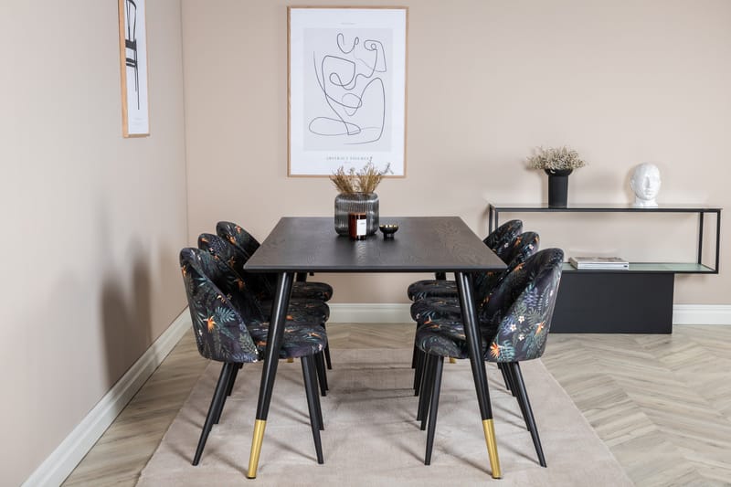 Dipp Spisebordssæt 180 cm Rektangulær med 6 Velvet Stole - Svart/Gull - Møbler - Borde - Spisebordssæt