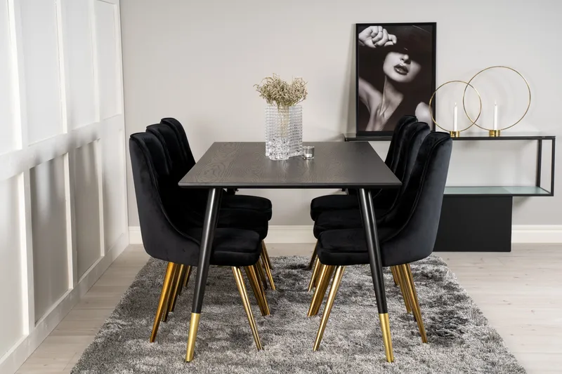 Dipp Spisebordssæt 180 cm Rektangulær med 6 Velvet Stole - Svart/Gull - Møbler - Borde - Spisebordssæt