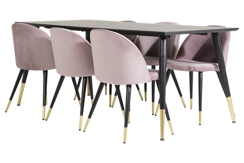 Dipp Spisebordssæt 180 cm Rektangulær med 6 Velvet Stole, Svart/Gull