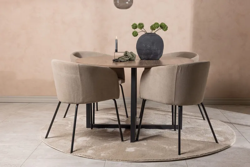 Durango spisebord 120 cm rundt med 4 Berit armstole med armlæn