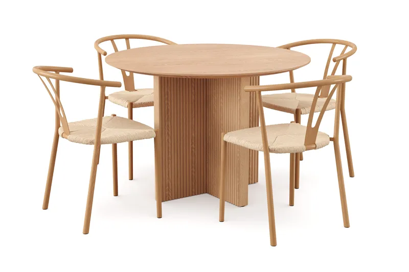 Edda spisegruppe rund 110 cm eg med 4 Elysia-spisestole, Eg
