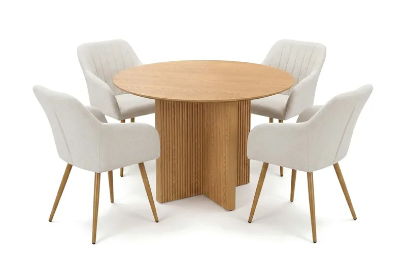 Edda spisegruppe rund 110 cm eg med 4 Filippa spisebordsstole, Eg