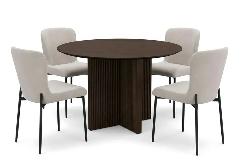 Edda Spisegruppe Rund 110 cm Røget Eg med 4 Elsie Spisestole, Røget Eg/Beige
