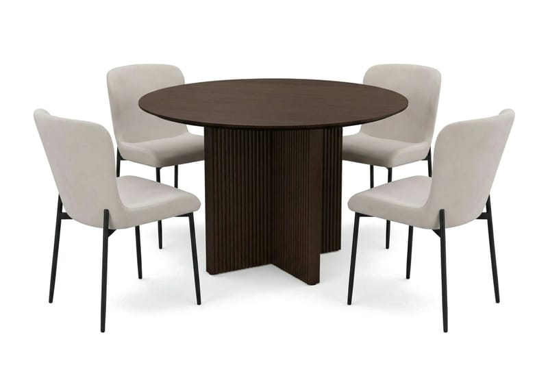Edda Spisegruppe Rund 110 cm Røget Eg med 4 Elsie Spisestole - Røget Eg/Beige - Møbler - Borde - Spisebordssæt