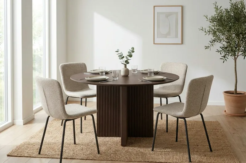 Edda spisegruppe rund 110 cm Røget eg med 4 Katy spisestole - Røget eg - Møbler - Borde - Spisebordssæt