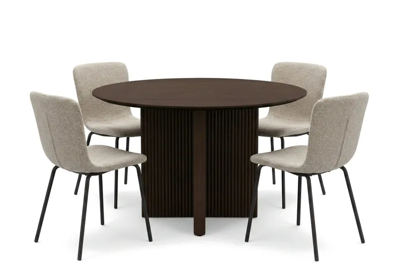 Edda spisegruppe rund 110 cm Røget eg med 4 Katy spisestole, Røget eg