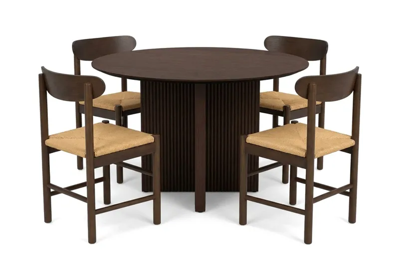 Edda spisegruppe rund 110 cm røget eg med 4 Malte spisestole, Røget eg