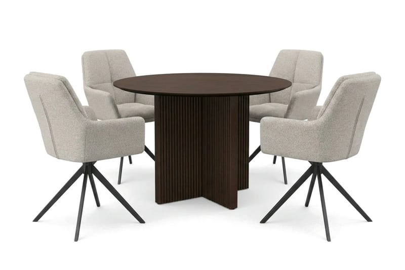 Edda spisegruppe rund 110 cm Røget eg med 4 Torsby spisestole, Røget eg