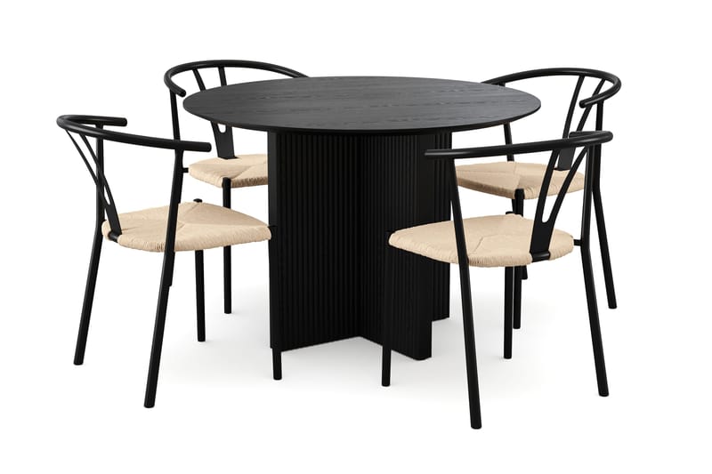 Edda spisegruppe rund 110 cm sort med 4 Elysia-spisestole, Sortbejdset eg