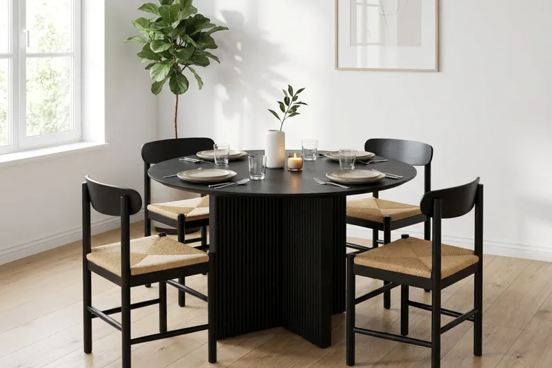Edda spisegruppe rund 110 cm sort med 4 Malte spisestole - Møbler - Borde - Spisebordssæt