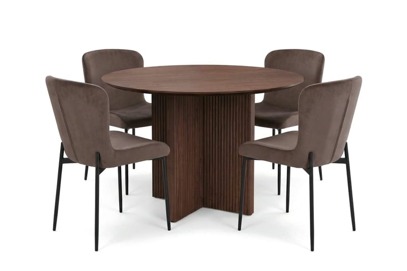 Edda spisegruppe rund 110 cm valnød med 4 Elsie spisebordsstole, Valnød/brun