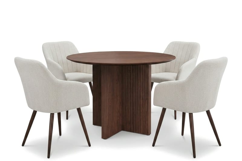 Edda spisegruppe rund 110 cm valnød med 4 Filippa spisebordsstole, Valnød