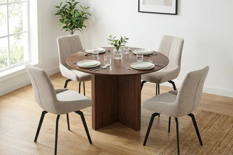 Edda spisegruppe rund 110 cm Valnød med 4 Mora spisestole - Valnød - Møbler - Borde - Spisebordssæt
