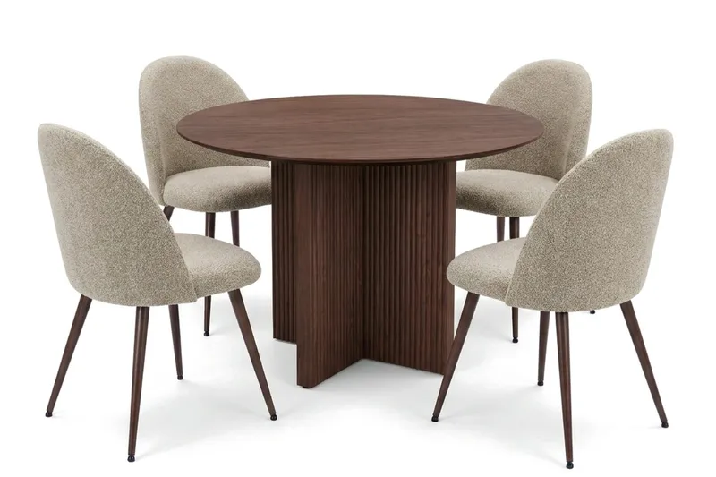 Edda spisegruppe rund 110 cm Valnød med 4 Torsby spisestole, Valnød