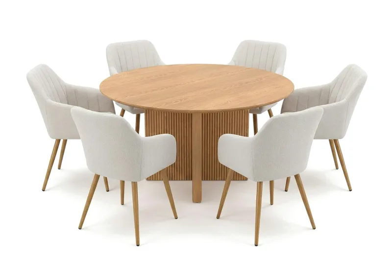 Edda spisegruppe rund 130 cm eg med 6 Filippa spisestole, Eg
