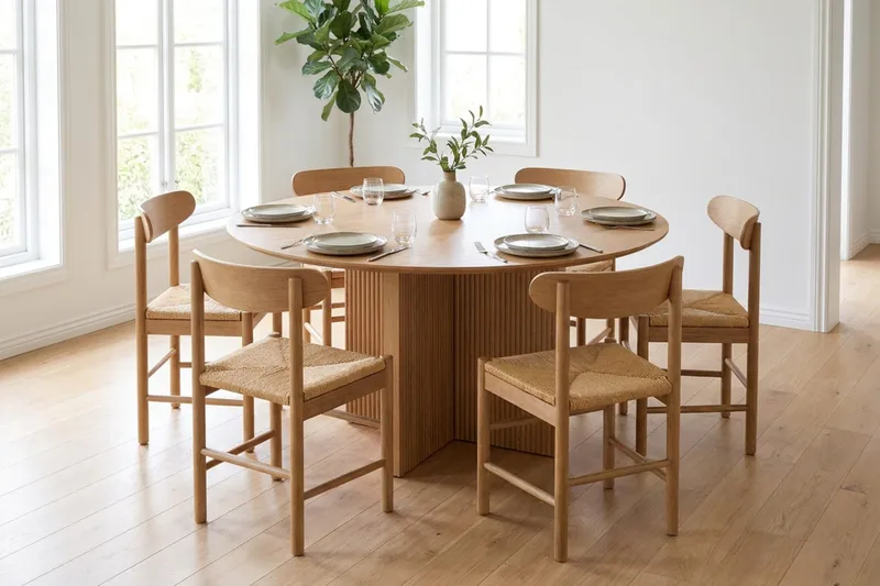 Edda spisegruppe rund 130 cm eg med 6 Malte spisestole - Eg - Møbler - Borde - Spisebordssæt