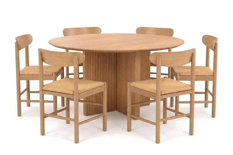 Edda spisegruppe rund 130 cm eg med 6 Malte spisestole, Eg