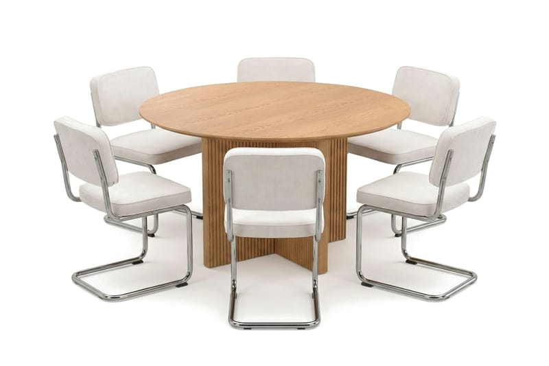 Edda spisegruppe rund 130 cm eg med 6 Milva spisestole - Eg - Møbler - Borde - Spisebordssæt