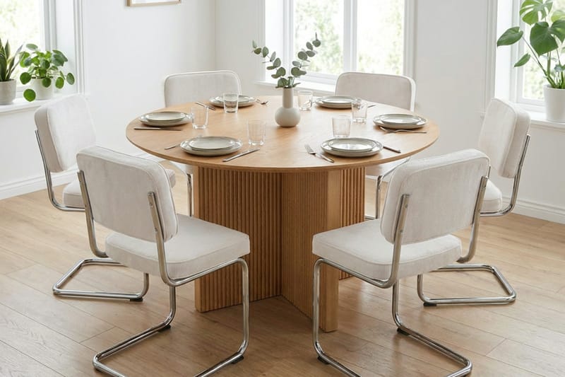 Edda spisegruppe rund 130 cm eg med 6 Milva spisestole - Eg - Møbler - Borde - Spisebordssæt