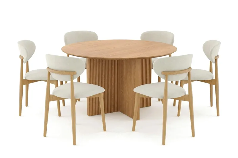 Edda spisegruppe rund 130 cm eg med 6 Molly spisebordsstole, Eg