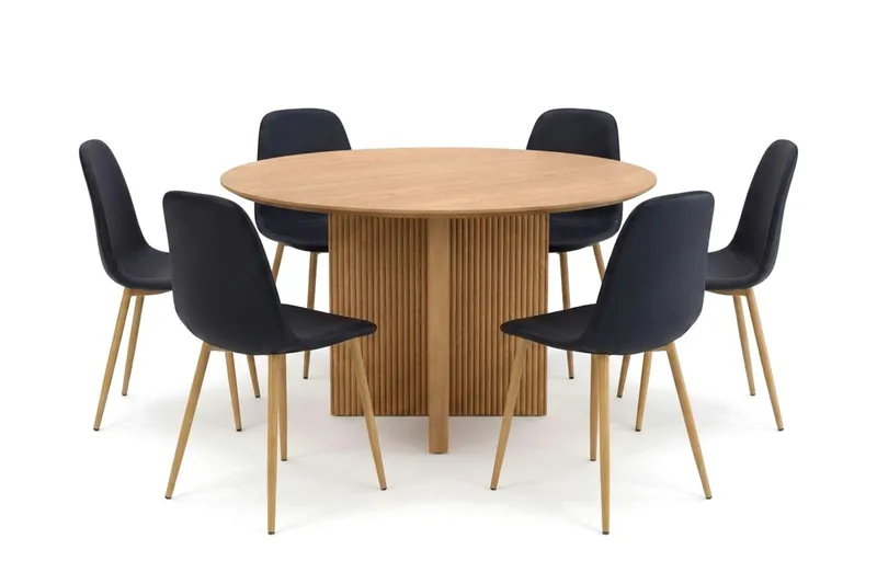 Edda spisegruppe rund 130 cm eg med 6 Nibe spisestole, Eg