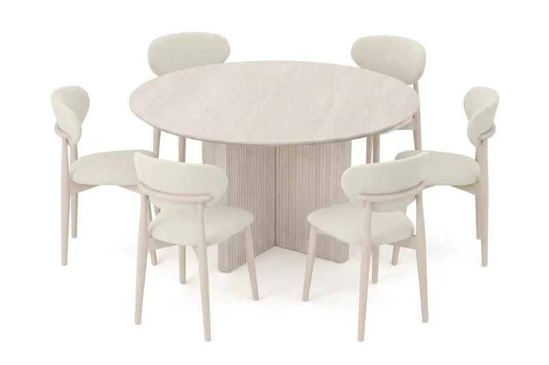 Edda spisegruppe rund 130 cm hvidlaseret med 6 Molly spisebordsstole, Hvidbejdset eg