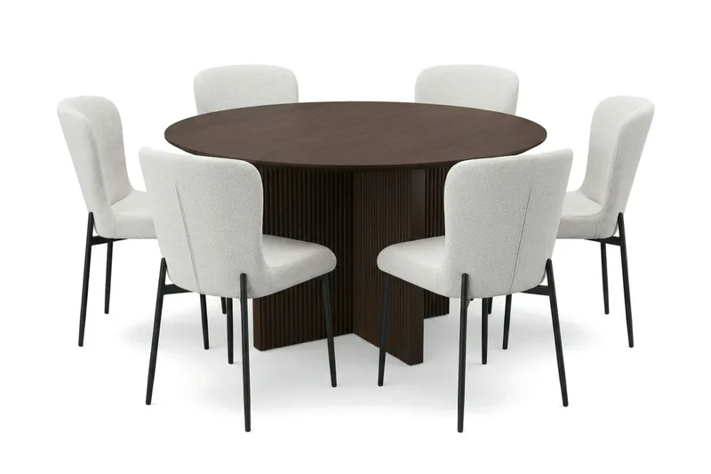 Edda spisegruppe rund 130 cm røget eg med 6 Elsie spisebordsstole, Røget eg