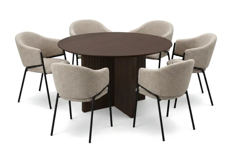Edda spisegruppe rund 130 cm røget eg med 6 Filip spisestole, Røget eg