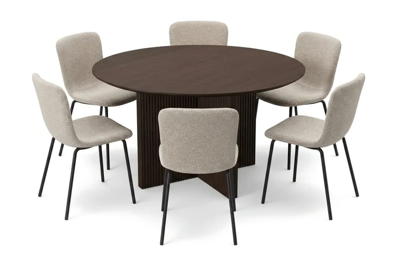 Edda spisegruppe rund 130 cm Røget eg med 6 Katy spisestole, Røget eg