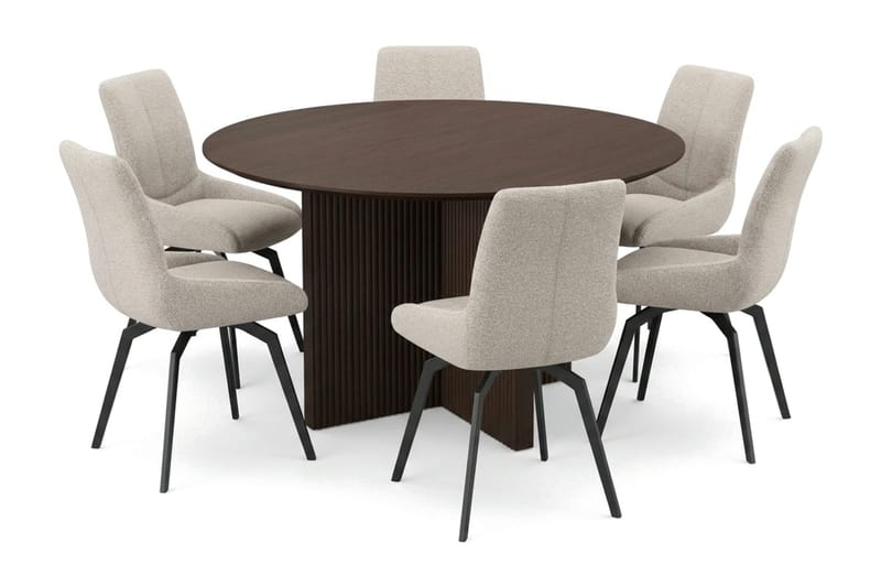 Edda spisegruppe rund 130 cm røget eg med 6 Mora spisestole - Røget eg - Møbler - Borde - Spisebordssæt