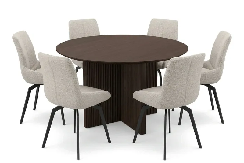 Edda spisegruppe rund 130 cm røget eg med 6 Mora spisestole, Røget eg