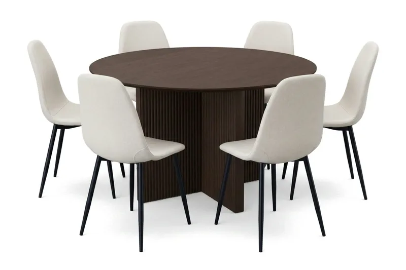 Edda spisegruppe rund 130 cm røget eg med 6 Nibe spisestole, Røget eg