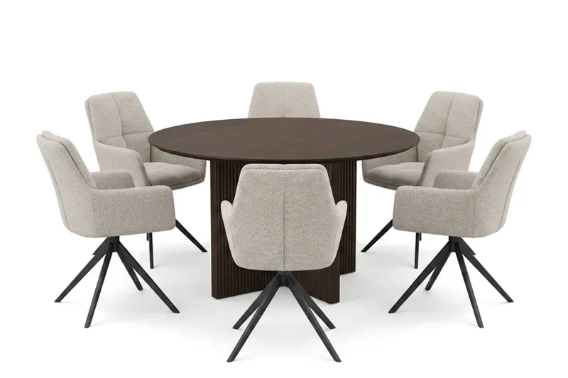 Edda spisegruppe rund 130 cm røget eg med 6 Torsby spisestole, Røget eg