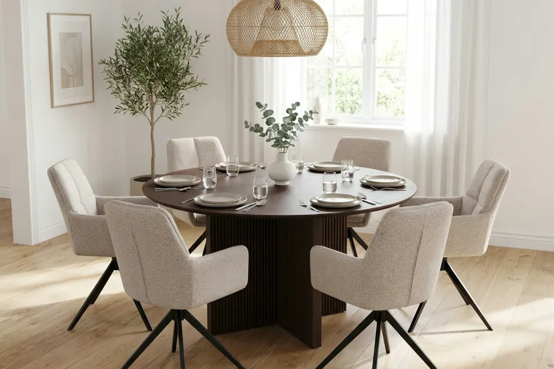 Edda spisegruppe rund 130 cm røget eg med 6 Torsby spisestole - Røget eg - Møbler - Borde - Spisebordssæt