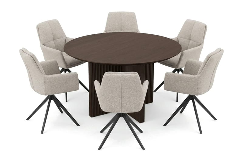 Edda spisegruppe rund 130 cm røget eg med 6 Torsby spisestole - Røget eg - Møbler - Borde - Spisebordssæt